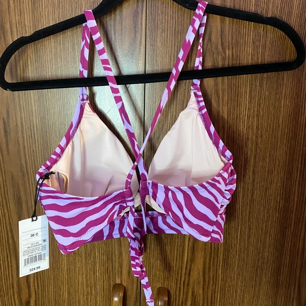 Shade & Shore Bikini Top Womens 36C‎ Purple Zebra Print Cutout Longline Swimwear